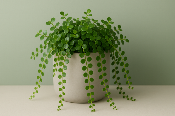 Create a plant (peperomia rotundifolia) in a grey/beige pot. Make sure the background is nog white or beige