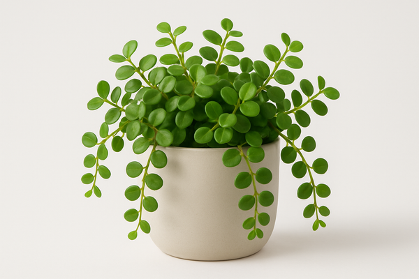 A plant (peperomia Rotundifolia) in a light grey/beige pot